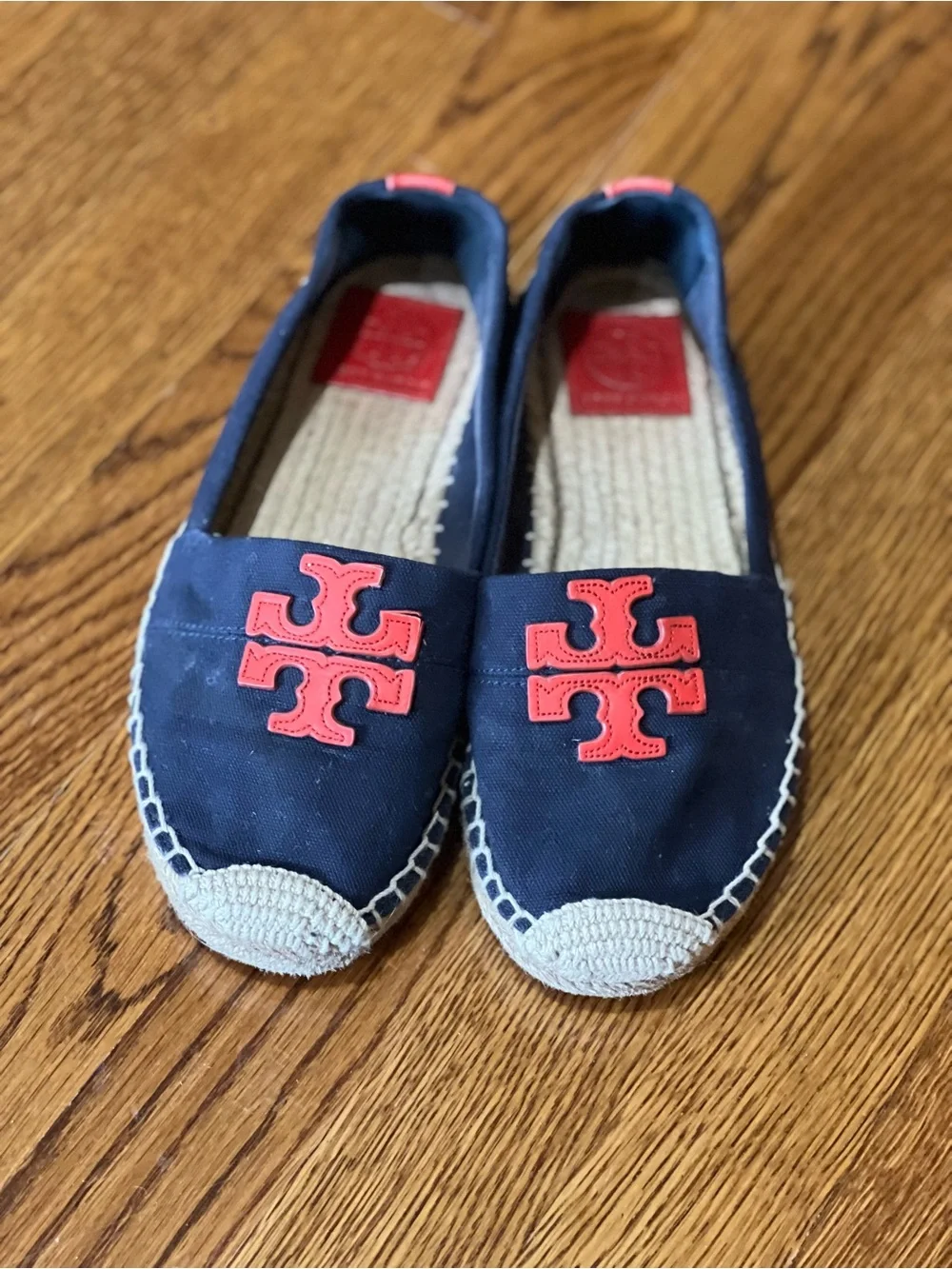 Tory Burch Weston Flat Espadrille Navy Canvas Red Logo Slip On Shoes